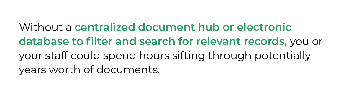 Without a centralized document hub or electronic database to filter and search for relevant records, you or your staff could spend hours sifting through potentially years worth of documents. 