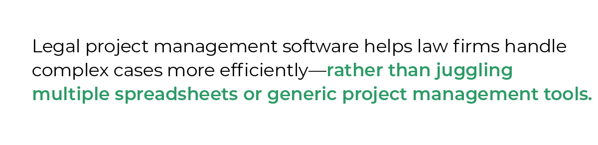 Legal project management software helps law firms handle complex cases more efficiently—rather than juggling multiple spreadsheets or generic project management tools.