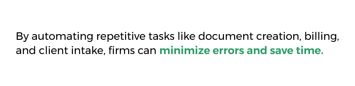 By automating repetitive tasks like document creation, billing, and client intake, firms can minimize errors and save time.